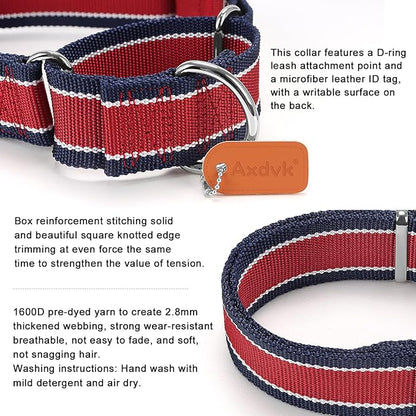 Martingale Collar 1.5 Inch Wide 1600D Extra Strong Anti Escape Nylon Dog Collar, No Pull Heavy Duty Pet Collars with 3-Color Stripe for Medium to Large Dogs (L, Red & Navy Blue)