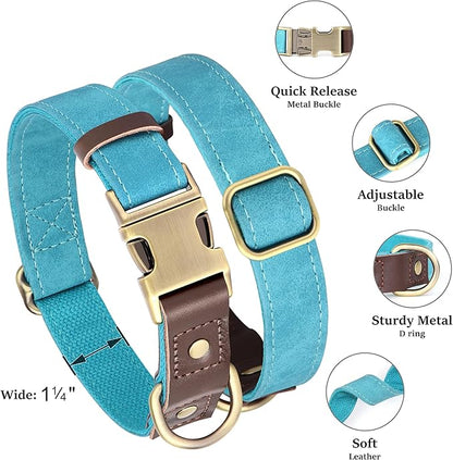 Didog Soft PU Leather Dog Collar for Large Dogs,Classic Adjustable Wide Dog Collars with Quick Release Metal Buckle,Easy Clean and Comfortable with Nylon Lining,Light Blue,XL Neck 20-27", Width 1¼"