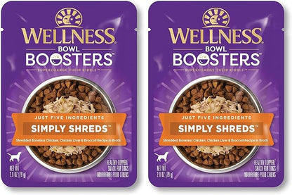 Wellness Bowl Boosters Simply Shreds Wet Dog Food Topper for Small,Medium,& Large Breeds,Grain Free,Natural,Chicken Liver & Broccoli,2.8 Ounce Pouch,(Pack of 24)