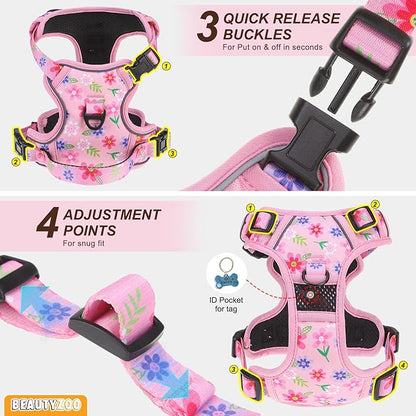 BEAUTYZOO No Pull Dog Harness and Leash Set with 2 Metal Leash Clips - Overhead-Free 3 Snap Buckles Design, Adjustable No-Choke Soft Padded Reflective Oxford Pet Vest for Small Medium Large Dogs, XL