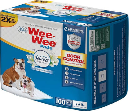 Four Paws Wee-Wee Odor Control with Febreze Freshness Pee Pads for Dogs & Puppies, Leak-Proof Dog Housebreaking Potty Training Floor Protection, Spring Fresh Scent, 28" x 30", 75 Count