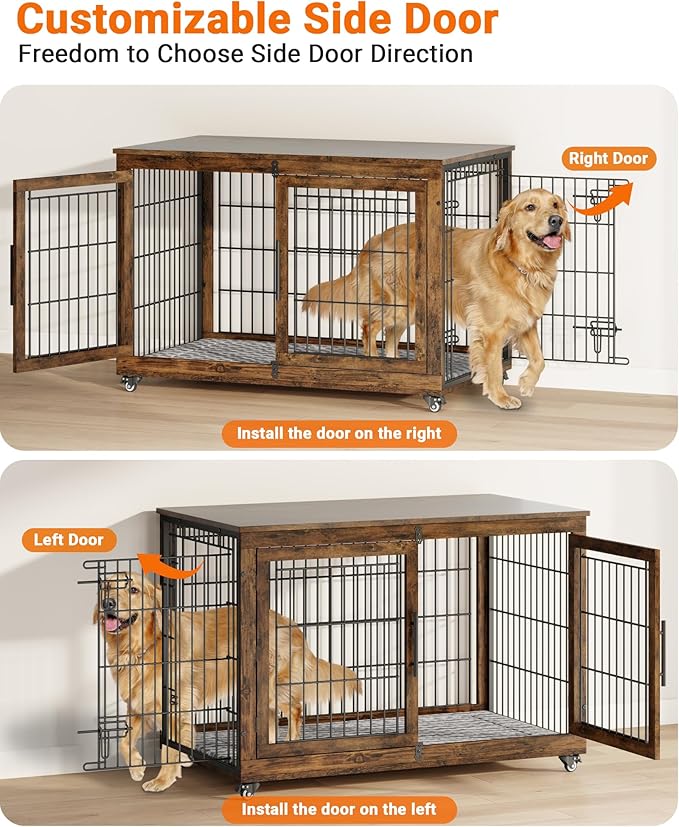 YaFiti Dog Crate Furniture with Cushion Set of 2, Wooden Dog Kennel Indoor with Double Doors, Dog Cage with Wheels, Dog House Side End Table for Large Dogs up to 85 lb, 44" L, Rustic Brown