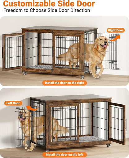 YaFiti Dog Crate Furniture with Cushion Set of 2, Wooden Dog Kennel Indoor with Double Doors, Dog Cage with Wheels, Dog House Side End Table for Large Dogs up to 85 lb, 44" L, Rustic Brown