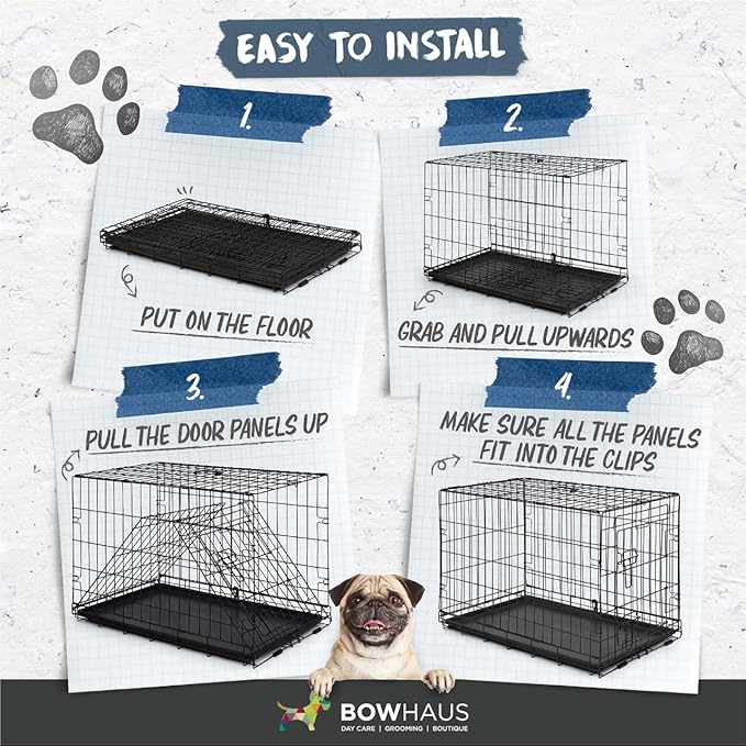 BOWHAUS Foldable Dog Crate Wire Metal Dog Kennel w/Divider Panel, Leak-Proof Pan & Protecting Feet, Single & Double Door, Small, Medium & Large Dog Crate Indoor Wire Dog Cage, 36” w/Double Doors