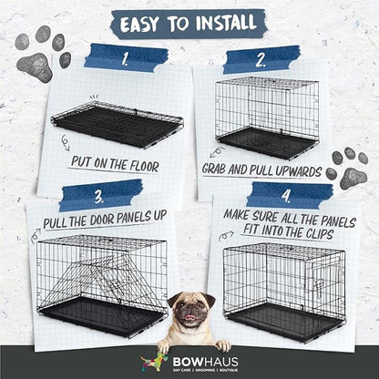 BOWHAUS Foldable Dog Crate Wire Metal Dog Kennel w/Divider Panel, Leak-Proof Pan & Protecting Feet, Single & Double Door, Small, Medium & Large Dog Crate Indoor Wire Dog Cage, 36” w/Double Doors