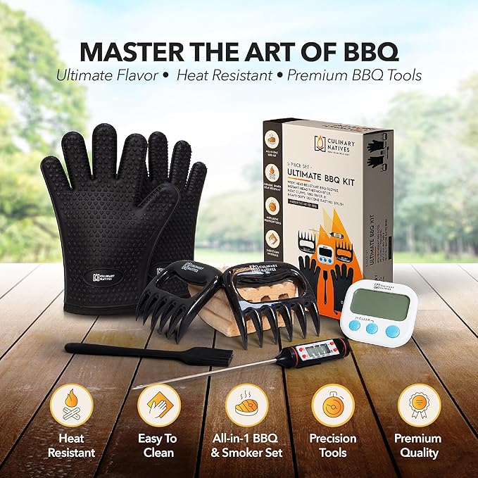 Smoker Gloves and Meat Claws | Instant-Read Thermometer, Timer & Brush | No.1 Heat Resistant Grill & Smoker Accessories Kit | BBQ Gloves & Pulled Pork Claws | Gift Set for Gas Charcoal & Pellet Grills
