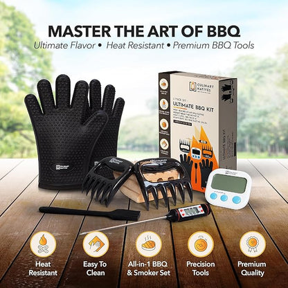 Smoker Gloves and Meat Claws | Instant-Read Thermometer, Timer & Brush | No.1 Heat Resistant Grill & Smoker Accessories Kit | BBQ Gloves & Pulled Pork Claws | Gift Set for Gas Charcoal & Pellet Grills