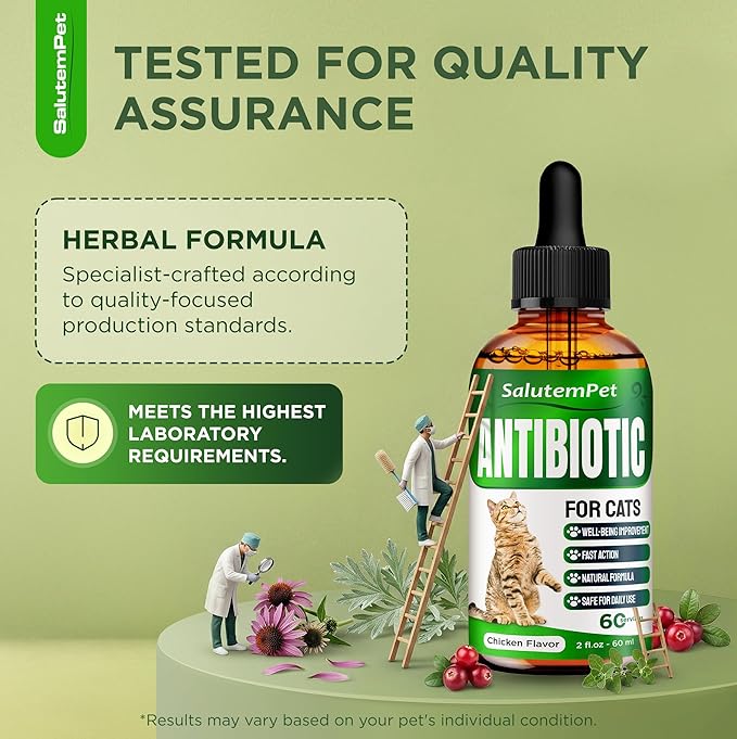 Cat Antibiotic in Drops – Natural Antibiotics for Cats with Chicken Flavor Help with UTI, Cough, Allergies – Safe for Pets and Breeds – 2-oz Bottle with a Pendant Included