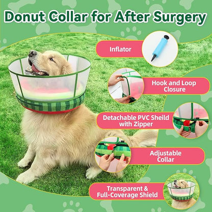 Upgraded Inflatable Dog Cone Collar with Transparent Anti-Licking Shield, Adjustable Elizabethan Collar for Medium Large Dogs, 2-in-1 Design with Detachable Shield and Soft Padding (XL, Watermelon)