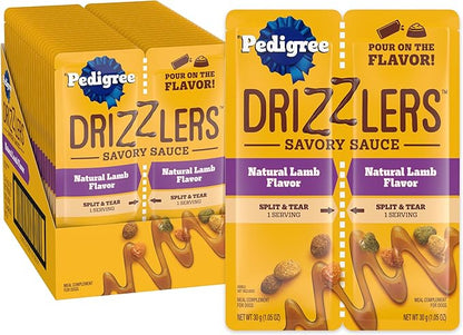 Pedigree Drizzlers for Dogs, Wet Dog Food Gravy Savory Sauce, Natural Lamb Flavor, 60g Dual-Serving Pouch (22 Count, 44 Servings Total)