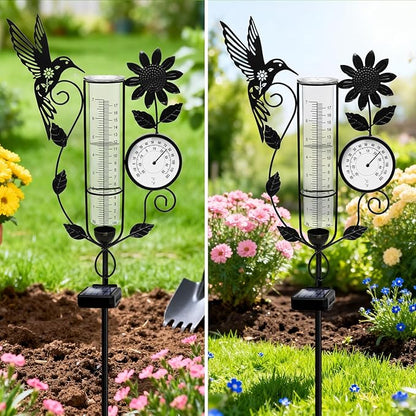 YJFWAL Hummingbird Rain Gauge Outdoor, Decorative Metal Sunflower Solar Rain Gauge with LED Light and Thermometer, Garden Decor for Yard, Lawn, Pathway, Farm