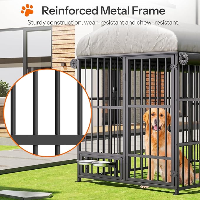 HOOBRO Outdoor Dog Kennel with Cover, 6.6 x 3.9 x 5.9 ft Dog Kennel Outside with Waterproof Roof and Rotating Feeding Bowls, Heavy-Duty Large Cage Enclosure, for Medium & Large Dogs, Black BK212GW03