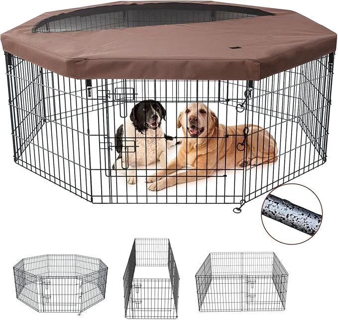 NEZUC Foldable Metal Dog Exercise Playpen Gate Fence Dog Crate 8 Panels 24 Inch Height Puppy Kennels with Top Cover/Bottom Pad for Animals Outdoor Indoor (Playpen+Top Cover, Brown, 24" H)