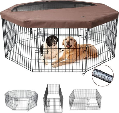 NEZUC Foldable Metal Dog Exercise Playpen Gate Fence Dog Crate 8 Panels 24 Inch Height Puppy Kennels with Top Cover/Bottom Pad for Animals Outdoor Indoor (Playpen+Top Cover, Brown, 24" H)
