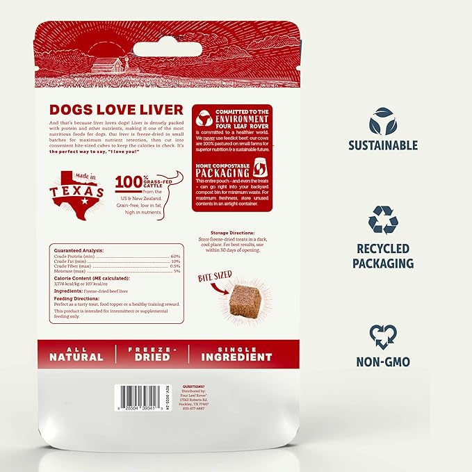 FOUR LEAF ROVER Beef Liver Dog Treats - Grass Finished New Zealand Beef Liver - Raw Freeze Dried Single Ingredient, No Additives - Made in USA - 4 Oz Bag