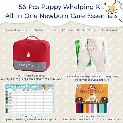 Puppy Whelping Kit, Kitten Puppy Whelping Supplies, Newborn Puppy Essentials, Whelping kit for Puppies Birth, Whelping Collars, Digital Thermometer, Stethoscope, Sputum Aspirator and More