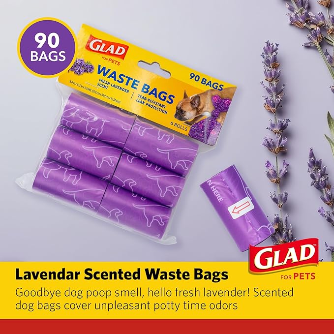Glad for Pets Scented Waste Bags, Tear Resistant Pet Poop Pick-up Bags with Leak Protection, Fresh Lavender Scent, Purple Designs, 6 rolls, 90 bags total