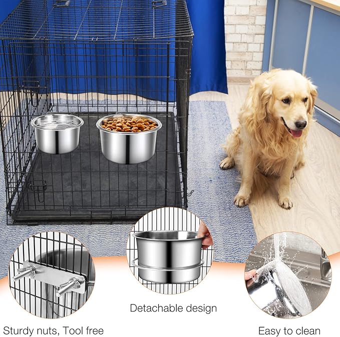 Crate Food and Water Bowl, ShineMe 2 Pack Stainless Steel Hanging Pet Bowls for Crates Kennels Cages, Metal Dog Crate Bowls Hanging No Spill for Medium and Large Pets (7.1 * 3.5” & 5.5 * 3.2”)