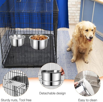 Crate Food and Water Bowl, ShineMe 2 Pack Stainless Steel Hanging Pet Bowls for Crates Kennels Cages, Metal Dog Crate Bowls Hanging No Spill for Medium and Large Pets (7.1 * 3.5” & 5.5 * 3.2”)