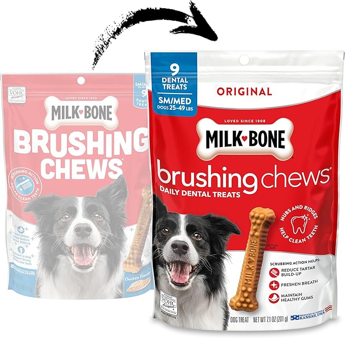 Milk-Bone Brushing Chews Original Chicken Flavor Daily Dental Dog Treats, Small/Medium, 7.1 Oz. Bag (Pack of 5)