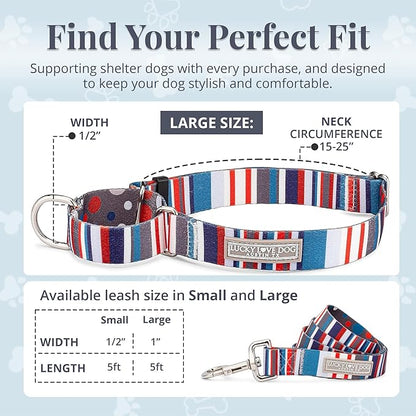 Lucky Love Dog Martingale Dog Collar & Leash - Adjustable, No-Slip, Durable, Comfortable, Soft Webbing, & Stylish Patterned Collar & Leash Set for Male and Female Dogs - Linus Combo, Large