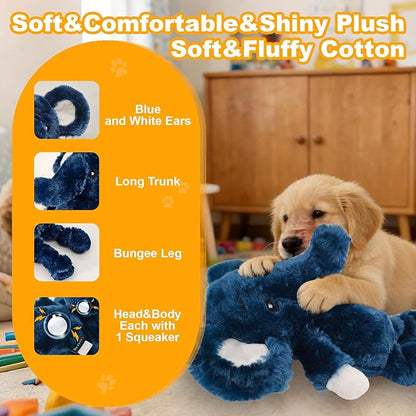 Blue Elephant Plush Squeaky Dog Toy with Bungee Leg Puppy Teething Chew Toy Cute Soft Funny Indoor Outdoor Interactive Stuffed Animal Dog Toy for Small Medium Large Dogs Toy Gift 30.5cm/12.01in