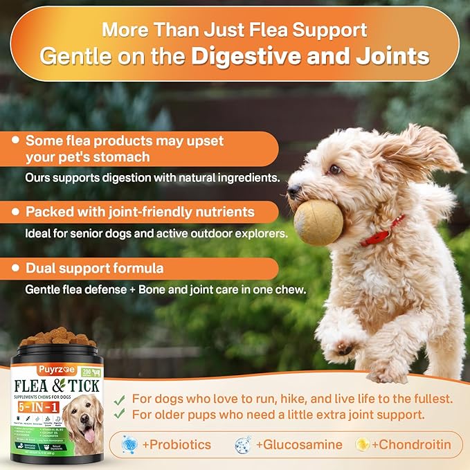 Puyrzoe 5-in-1 Dog Flea and Tick Treatment Chewable, Natural Flea and Tick Prevention for Dogs Chewable - Flea & Tick | Hip & Joint | Skin & Coat | Immunity Support | Digestive for All Breeds & Sizes