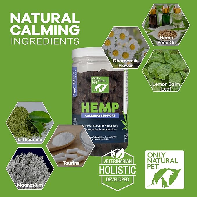 Only Natural Pet - Natural Hemp Soft Chew Bites for Dog Stress & Anxiety Relief - L-Theanine, Chamomile & Lemon Balm - Calming Chews for Dogs - 120 Count