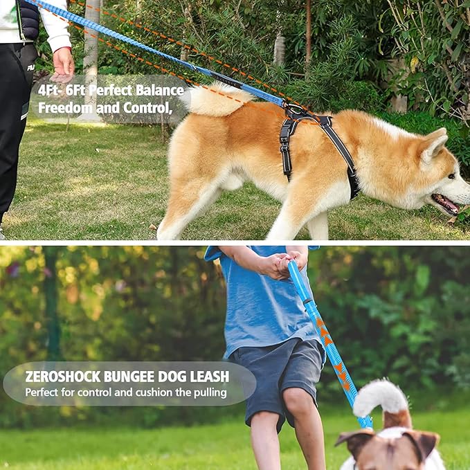 Heavy Duty Dog Leash for Large Dogs, 4-6FT Traffic Padded 2 Handles for Extra Control, Strong Shock Absorbing Bungee with Car Safety Buckle, Reflective for Night Walking
