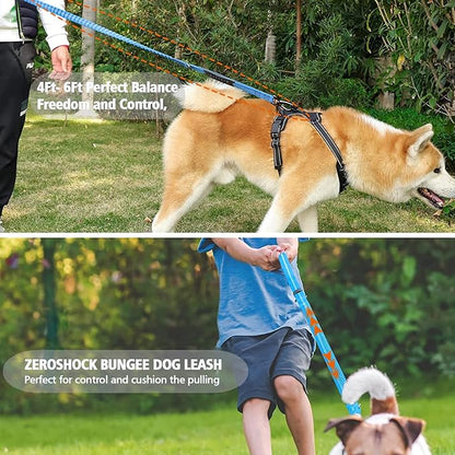 Heavy Duty Dog Leash for Large Dogs, 4-6FT Traffic Padded 2 Handles for Extra Control, Strong Shock Absorbing Bungee with Car Safety Buckle, Reflective for Night Walking
