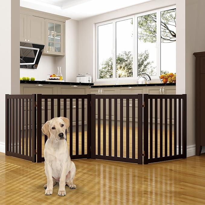 WELLAND 24" Freestanding Pet Gate, Foldable Wooden Dog Gate, 4 Panel Step Over Fence, Indoor Puppy Gate, Expands Up to 80" Wide, Espresso