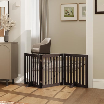 PUPETPO 24”H Freestanding Wooden Pet Gate, Dog Gate for Stairs, Doorways, and Hallways, Step Over Foldable Pet Fence for Indoor Use, Support Feet Included, 60 inch Wide 3 Panels, Espresso
