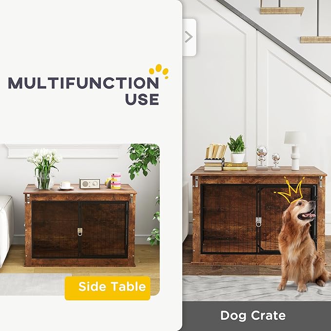 PawHut 39" Dog Crate Furniture with Flip-up Top Opening, Decorative Dog Kennel Furniture Side Table with 2 Doors for Large Breeds, Rustic Brown