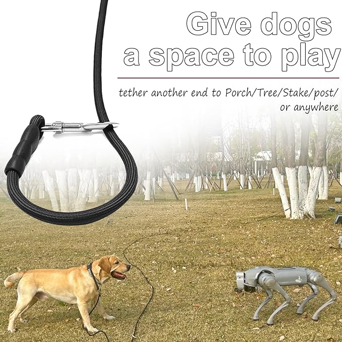 35FT Tie Out Rope Dog Leash, Long Tether 8-10-13-15-20-25-30-40-50-65 FT Heavy Duty Nylon Check Cord for Medium Large Dogs Outdoor Playing Camping Backyard (Black, 3/8")