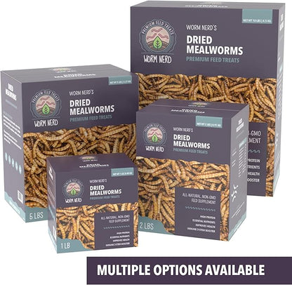 Worm Nerd WN61 Dried Mealworms Non-GMO High Protein and Fiber Treat for Chickens, Birds, Reptiles, Amphibians, Fish 10 lbs