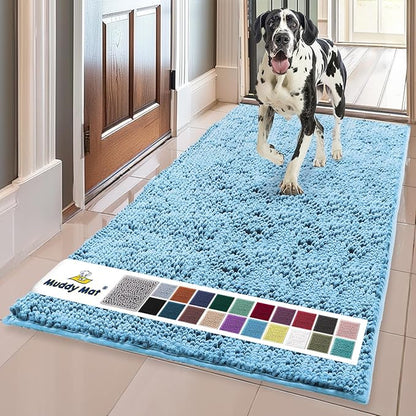 Muddy Mat® | Super Absorbent Door Mat Indoor, Microfiber Quick Dry Chenille Entryway Rug, Non-Slip Front Door Mat, Indoor Mats for Entryway, Machine Washable Pet Rug, Sky Blue 36" x 120"