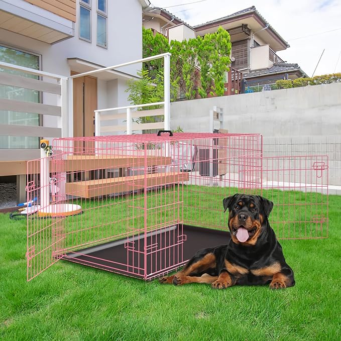PayLessHere Large Dog Crate Kennel for Medium Large Dogs Metal Dog Cage Double-Door Folding Travel Indoor Outdoor Puppy Playpen with Divider and Handle Plastic Tray (48 Inch, Pink)