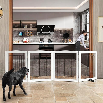 ZJSF Freestanding Dog Fence Indoor, Foldable Dog Gate for Doorways, Stairs or Hallways, Sturdy Wood Extra Wide Pet Gate with Support Feet for The House, White, 24 "Height-4 Panels