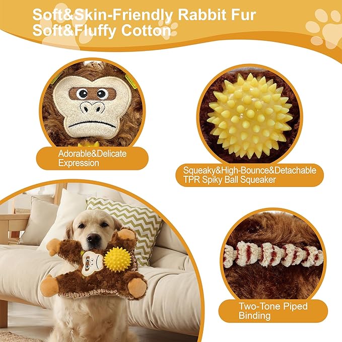 Brown Orangutan Plush Spiky Squeaky Dog Toy for Chewers Puppy Teething Chew Toy Cute Soft Funny Durable Stuffed Animal Interactive Tough Dog Toy for Small Medium Large Dogs Toy Gift 22cm/8.66in