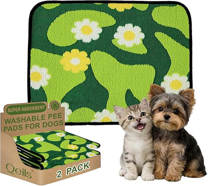 Qeils Reusable Puppy Pads for Small Dogs, Washable Pee Pads with Non-Slip , Absorbent Leakproof Mat for Crates, Playpens, Pet Beds & Whelping, Indoor Potty Training Grass Green, 18"x24", 2 Pack