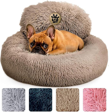 PetJett Calming Dog Beds for Small Dogs – 23" Donut Dog Beds, Anti-Slip & Washable Puppy Bed - Fluffy Plush Faux Fur Pet Bed, Anti-Anxiety Premium Comfort Round Pillow, Fits Dogs up to 25 lbs – Beige