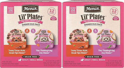 Merrick Lil’ Plates Grain Free Dinner Duos Soft Natural Wet Small Dog Food Variety Pack,Beef and Turkey - 2.6 lb. Tubs,(Pack of 24)