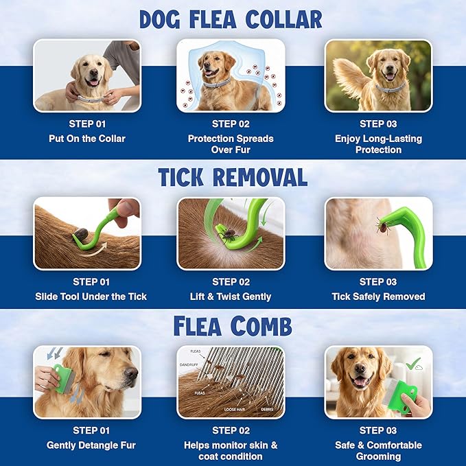Dog Flea and Tick Collar (2 Pack) – Natural Waterproof Flea Collar for Dogs & Puppies with 8 Month Protection Adjustable Dog Flea Collar Includes Tick Removal Tools & Flea Comb