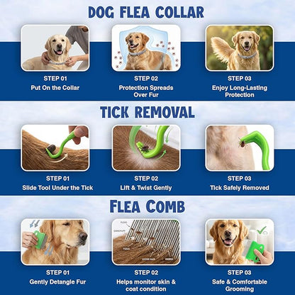 Dog Flea and Tick Collar (2 Pack) – Natural Waterproof Flea Collar for Dogs & Puppies with 8 Month Protection Adjustable Dog Flea Collar Includes Tick Removal Tools & Flea Comb