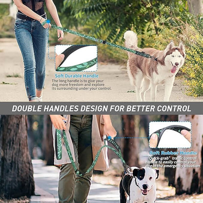 Hotsky Tactical Dog Leash Heavy Duty for Medium Large Dogs that Pull,4-6Ft Strong Bungee Shock Absorbing No Pull Dog Leash with Padded Double Handle and Car Seatbelt,Leaves