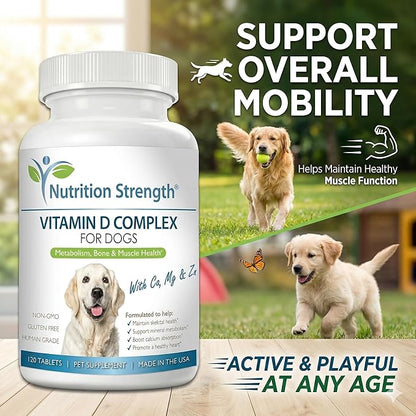 Vitamin D for Dogs with Calcium, Magnesium and Zinc to Support Strong Teeth, Bones and Muscles, Promote Mineral Metabolism and a Healthy Immune Function, 120 Chewable Tablets