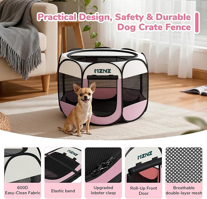 Dog Cat Playpen, Portable Puppy Pet Crate Indoor for Small Dogs Cats Rabbits, Foldable Dog Cage Enclosure for Outdoor, Pop Up Dogs Tent Kennel with Carrying Case, Pink