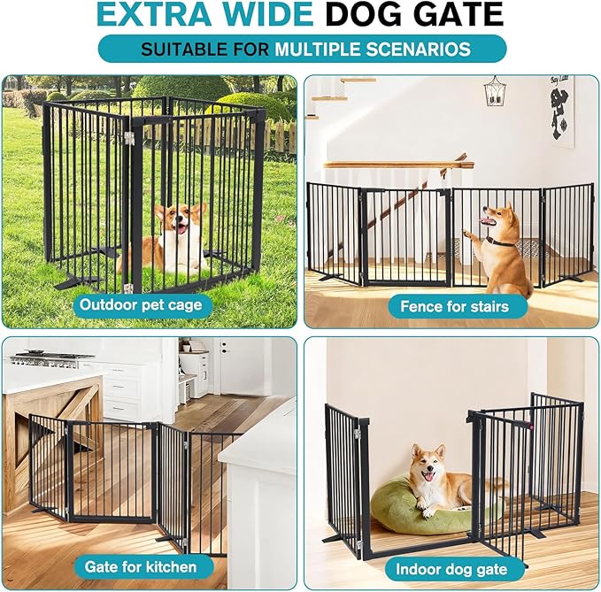Snagle Paw Extra Wide Dog Gate,Free Standing Dog Fence with Door, Up to 104 Inch Wide Pet Gate with Support Feet for Stairs, Hallways, Doorways, Yard (Black, 4 Panels)