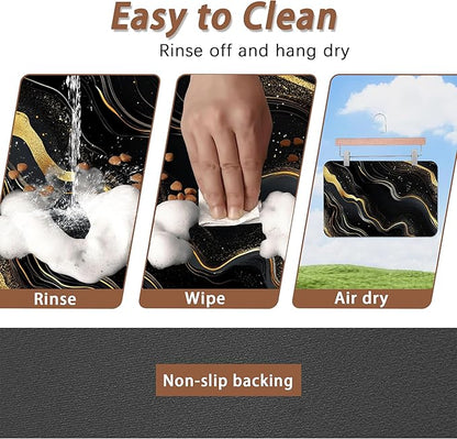 Marble Pet Feeding Mat,Black Gold Flowing Marble Absorbent Quick-Dry Cat Dog Food and Water Bowl Mats,Non-Slip Rubber Backing Mat,Cat Dog Accessories Supplies 16"x24"
