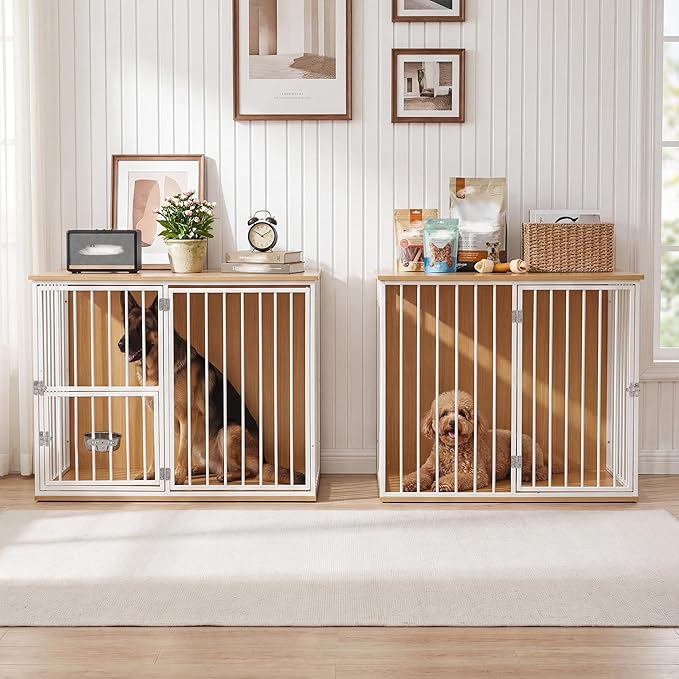 Dog Crate Furniture for 2 Dogs, Corner Heavy Duty Double Dog Kennel Furniture with Divider, Indoor Wooden Dogs Crate Large Breed (White)